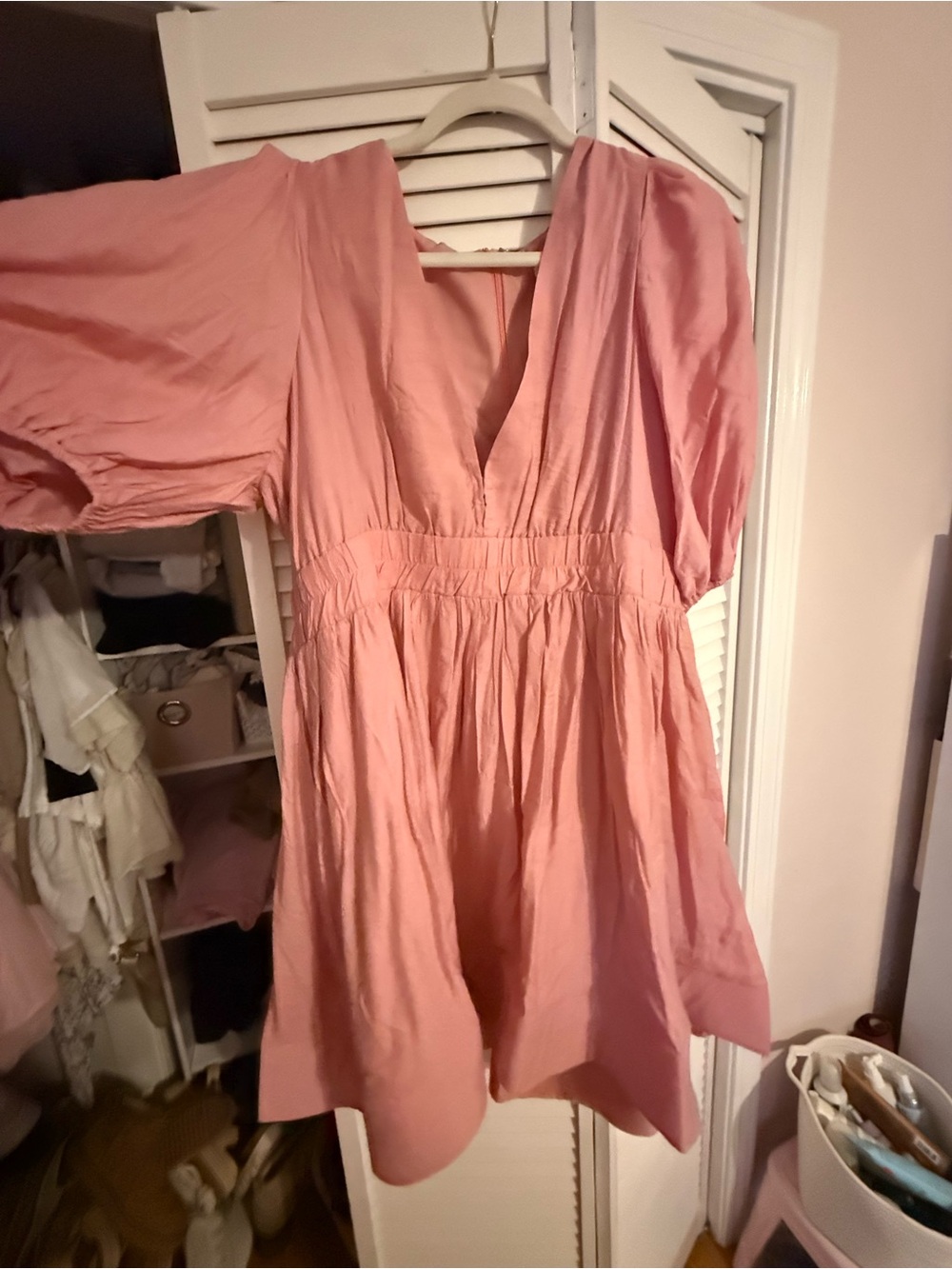 Women's Pink Mini Dress with V-Neck and Puff Sleeves